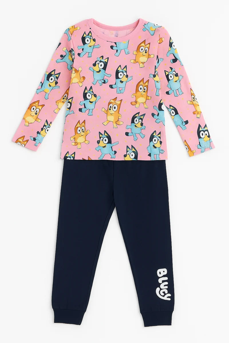 Primark Bluey Girls’ Pajama Set – Pink Top & Navy Bottoms Nightwear