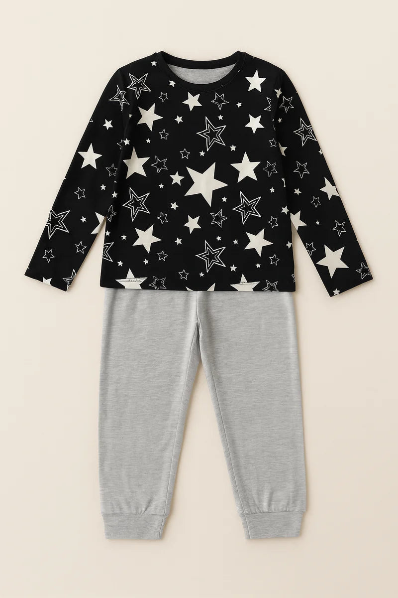 “Girls Black Star Print Pajama Set – Long Sleeve Top & Grey Cotton Pants | Kids Nightwear