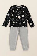 “Girls Black Star Print Pajama Set – Long Sleeve Top & Grey Cotton Pants | Kids Nightwear