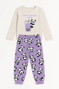 Girls Panda Cartoon Pajama Set – Lavender Long Sleeve Top & Beige Pants | Cute Kids Nightwear
