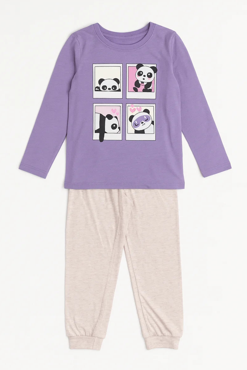 Girls Panda Cartoon Pajama Set – Lavender Long Sleeve Top & Beige Pants | Cute Kids Nightwear
