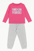 Girls Unicorn Powers Pajama Set – Pink Long Sleeve Top & Grey Pants | Kids Nightwear