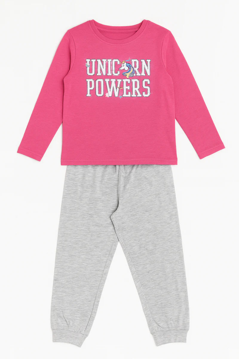 Girls Unicorn Powers Pajama Set – Pink Long Sleeve Top & Grey Pants | Kids Nightwear