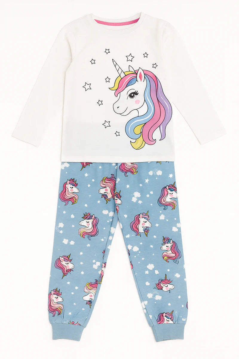 Girls Unicorn Pajama Set – White Long Sleeve Top & Blue Pants | Cute Kids Nightwear