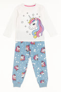 Girls Unicorn Pajama Set – White Long Sleeve Top & Blue Pants | Cute Kids Nightwear