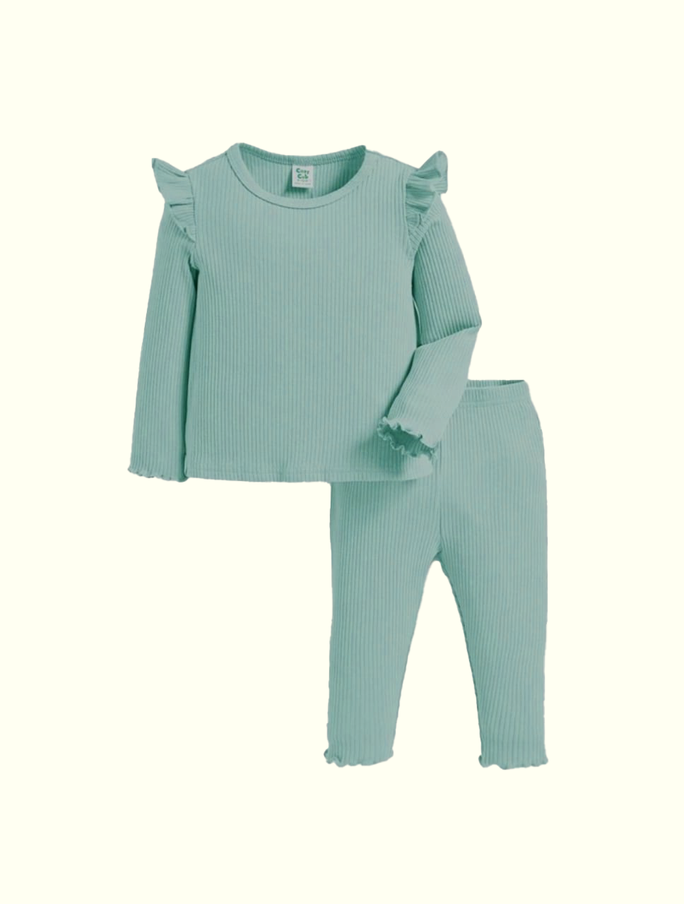 Plush Shoulder Frill Style Ribbed Knit Basic Set - Mint