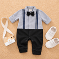 Baby boy grey and black gentleman romper with bow tie and suspender stripes