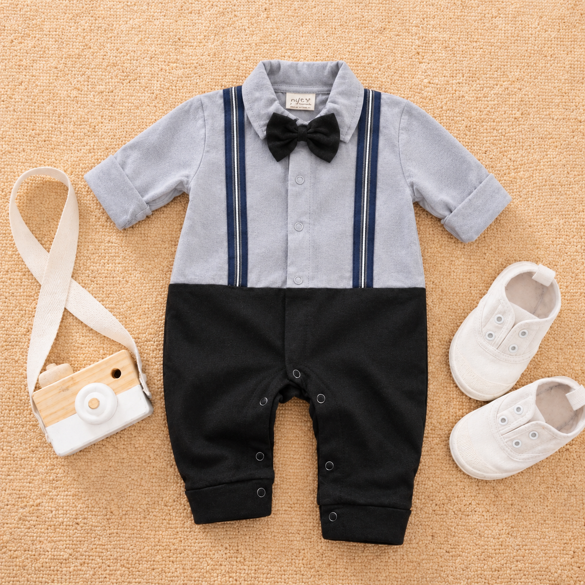 Baby boy grey and black gentleman romper with bow tie and suspender stripes