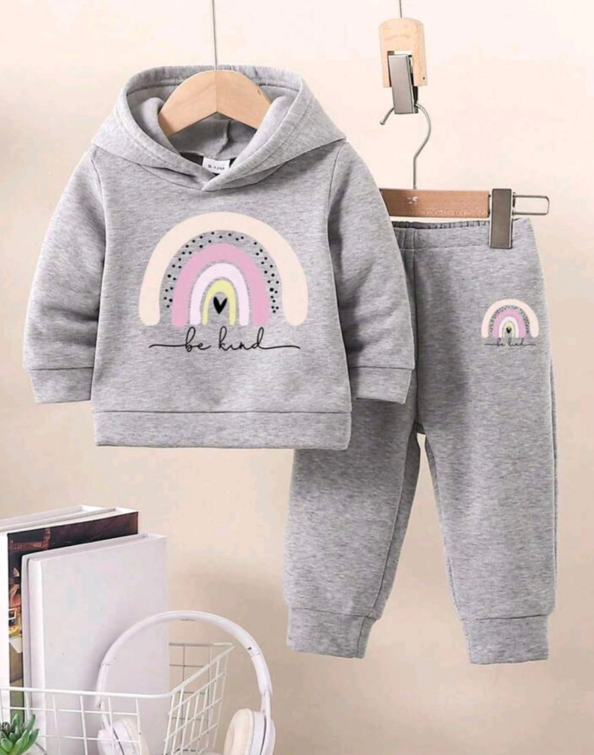 Plush Hoodied Fleece Shirt & Trouser - Be Kind Rainbow in Grey