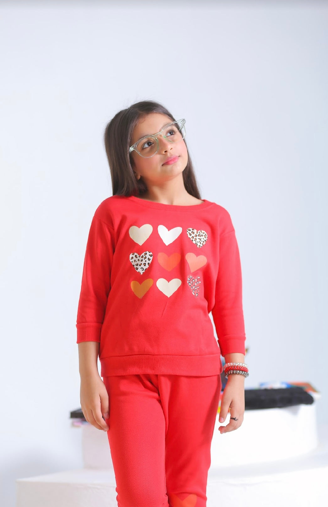 Plush Fleece Shirt & Trouser - Hearts in Red