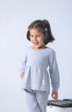 Plush-Ribbed Knit Frock with Cuff Trousers -  Grey