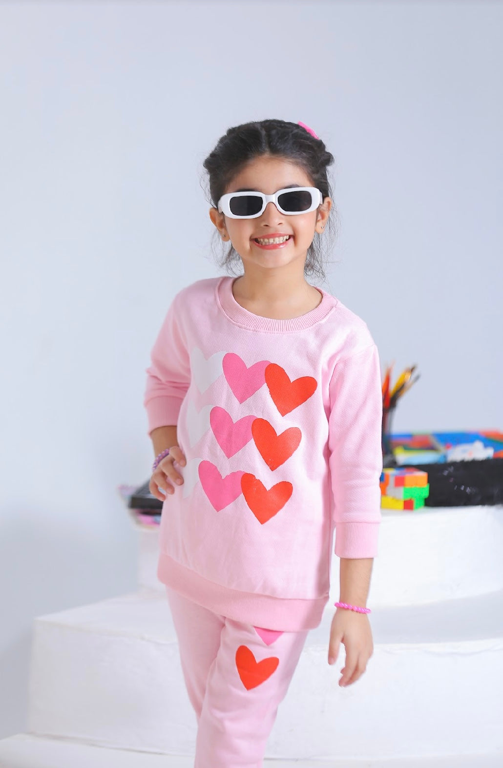 Plush Fleece Shirt & Trouser - Hearts in Pink