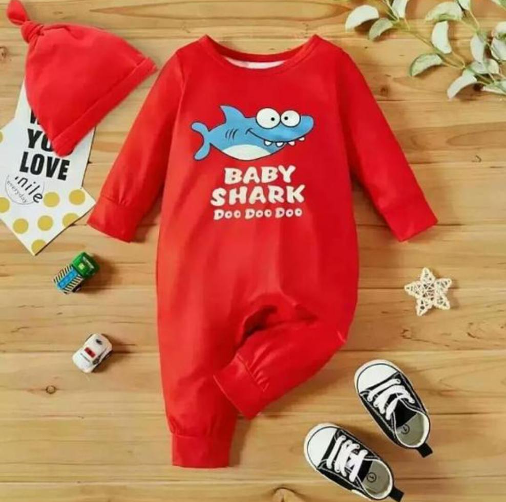 Plush-Printed Romper - Baby Shark Do Do
