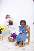 Plush-Basic Denim Frock with Ruffled Sleeves and Belt