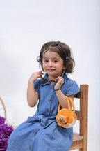 Plush-Basic Denim Frock with Ruffled Sleeves and Belt