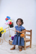 Plush-Basic Denim Frock with Ruffled Sleeves and Belt