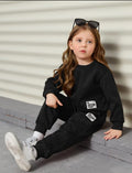 Plush-Round Neck - Black Basic Fleece Sweat Set