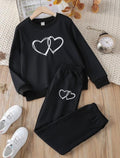 Plush-Round Neck - Black Locked Hearts Fleece Sweat Set