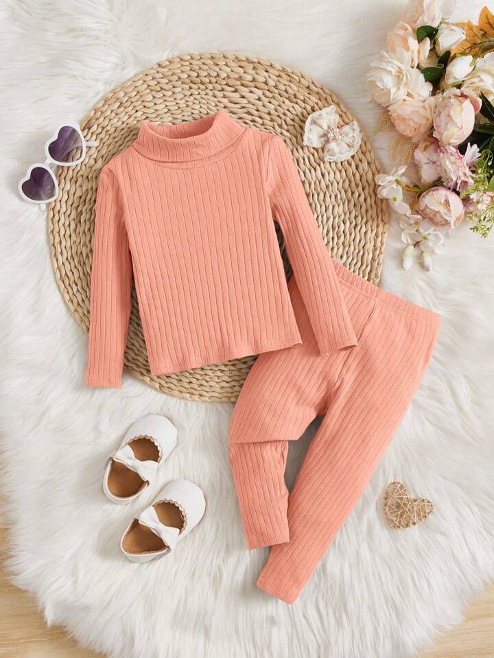 Plush-High Neck Style Ribbed Knit Sweat Set - Orange Peach