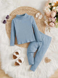 Plush-High Neck Style Ribbed Knit Sweat Set - Icy Blue