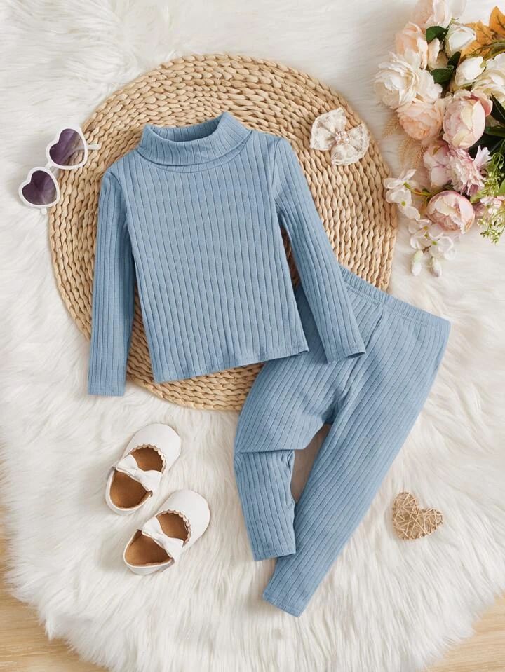 Plush-High Neck Style Ribbed Knit Sweat Set - Icy Blue