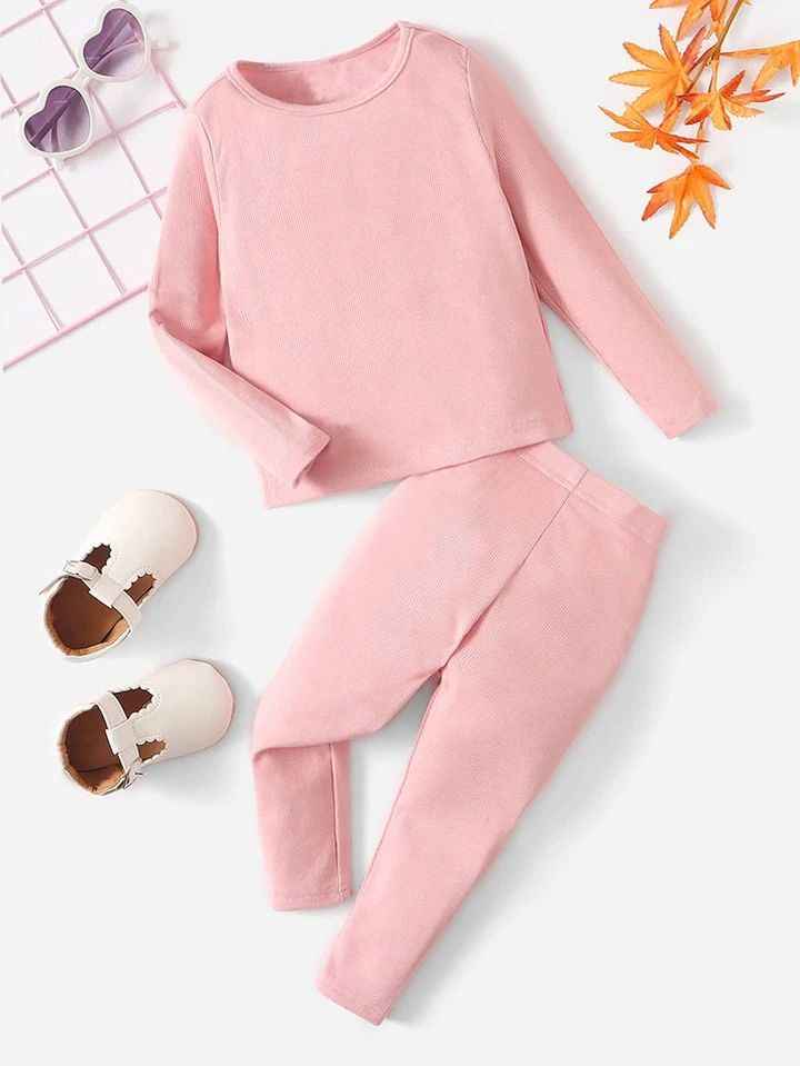 Plush Round Neck Style Ribbed Knit Sweat Set - Baby Pink