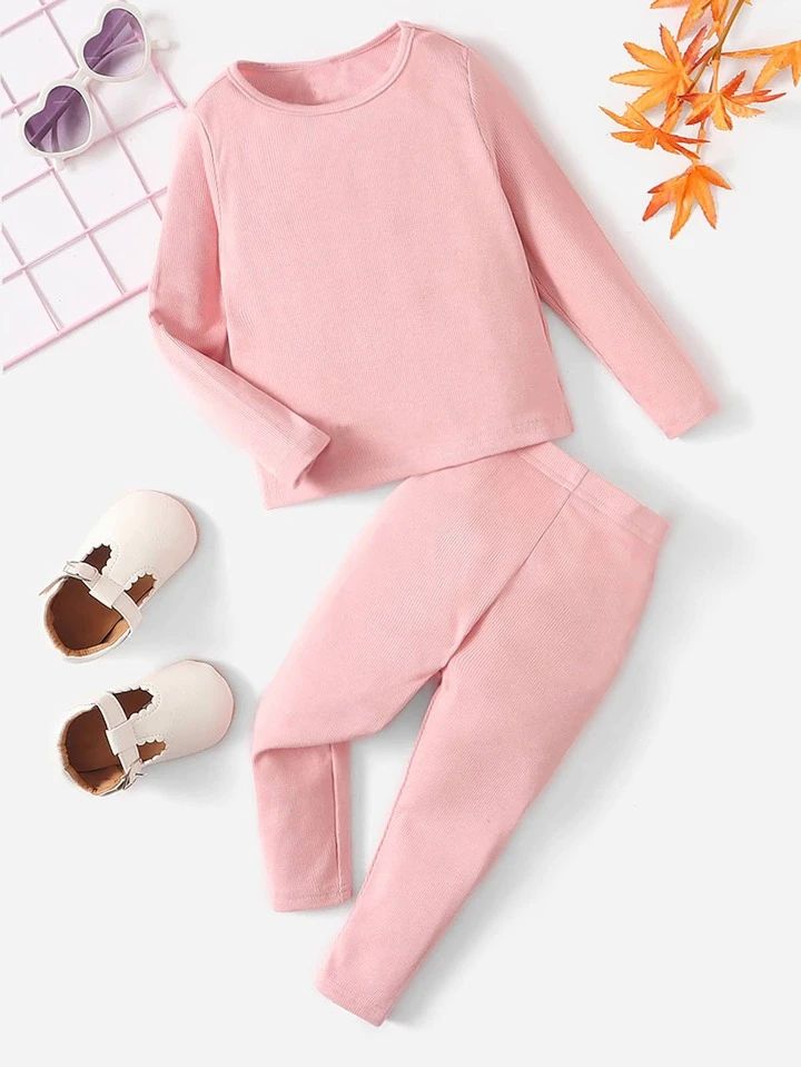 Plush Round Neck Style Ribbed Knit Sweat Set - Baby Pink