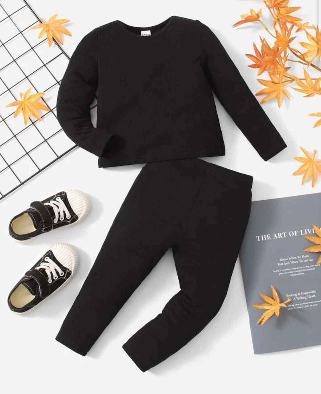 Plush Round Neck Style Ribbed Knit Sweat Set - Black