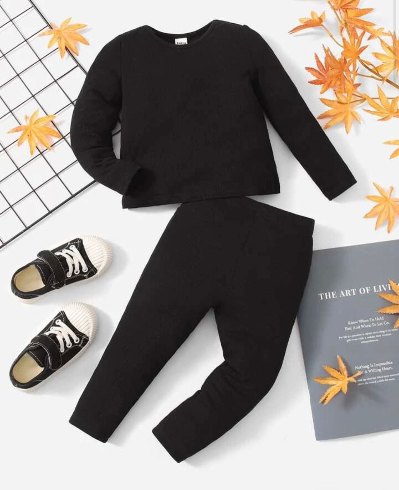 Plush Round Neck Style Ribbed Knit Sweat Set - Black