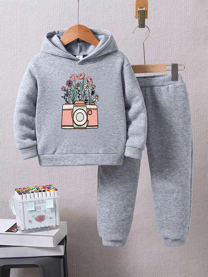 Plush-Camera on Flowers Fleece Sweat Set Grey