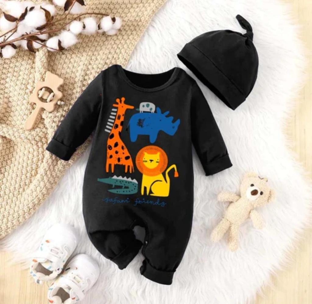 Plush-Printed Rompers - Animal Kingdom - Black