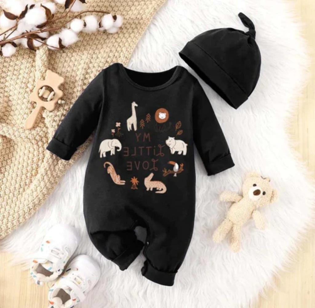 Plush-Printed Rompers - Animal Kingdom - Black
