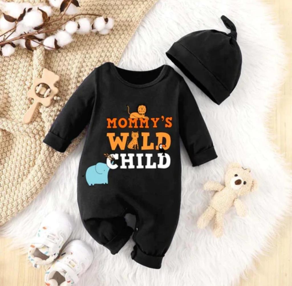 Plush-Printed Rompers - Wild Child - Black