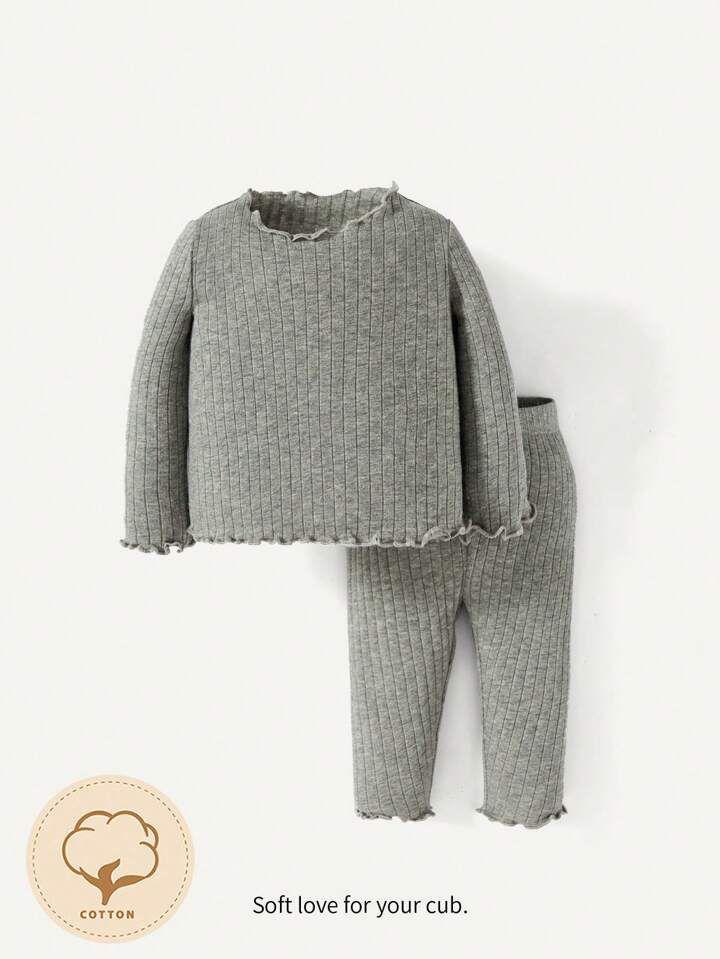 Plush Lettuce Trim Ribbed Knit Basic Set - Charcoal