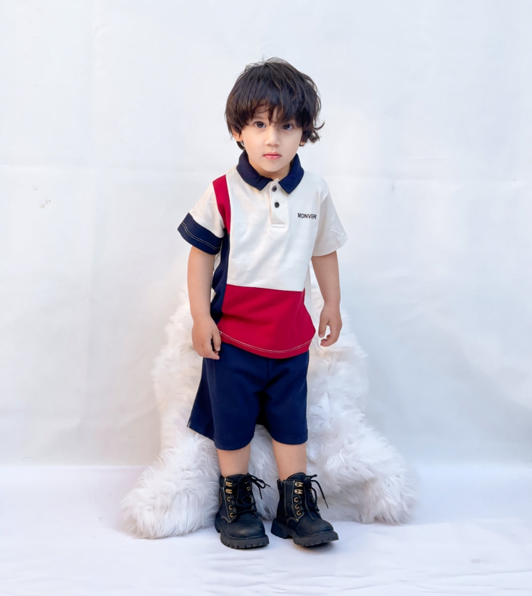 Plush-Baby Plaid Polo Shirt & Shorts-White