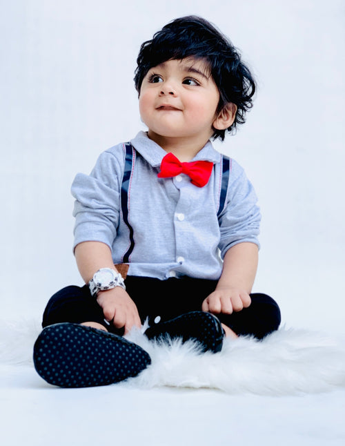 Plush-Polo Romper - Grey & Black Contrast with Bowtie
