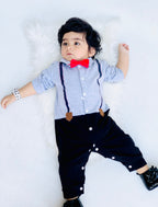 Plush-Polo Romper - Grey & Black Contrast with Bowtie