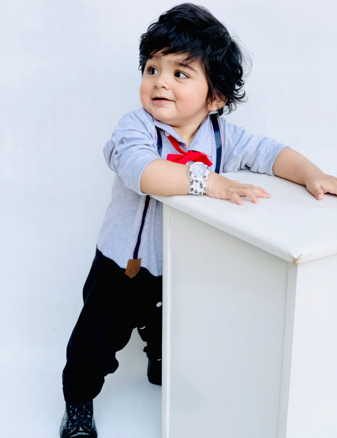 Plush-Polo Romper - Grey & Blue Contrast with Bowtie