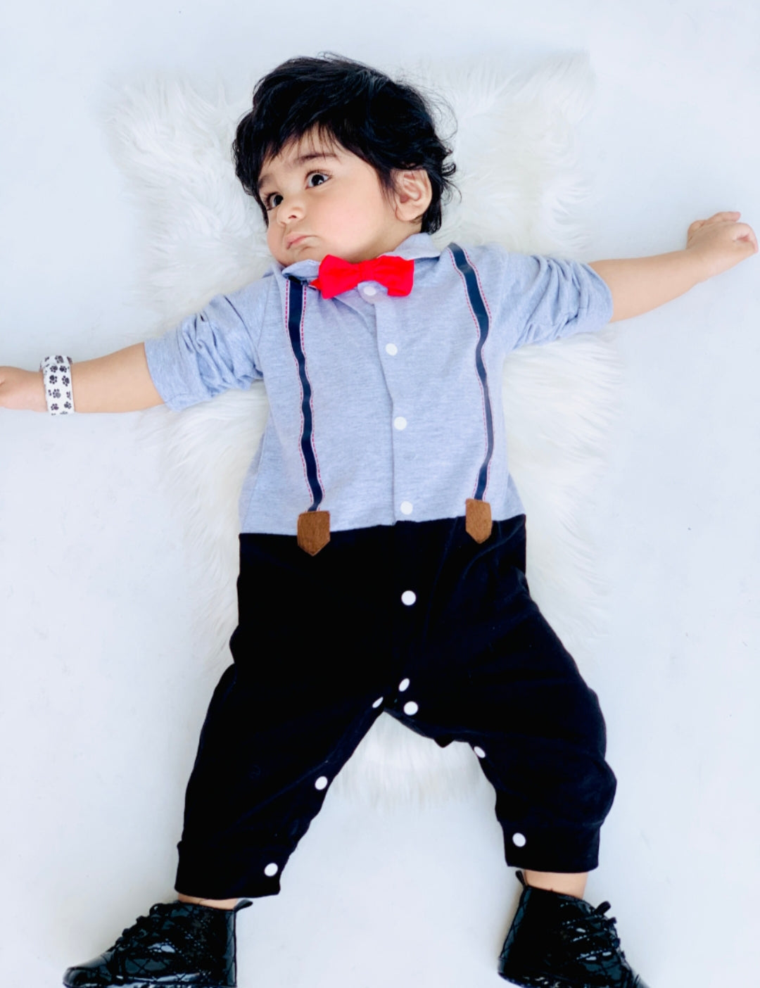 Plush-Polo Romper - Grey & Blue Contrast with Bowtie