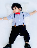 Plush-Polo Romper - Grey & Black Contrast with Bowtie