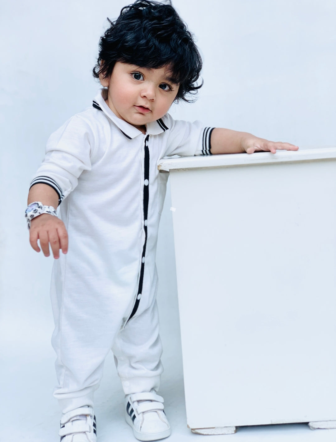 Plush-Polo Romper - White Stripes