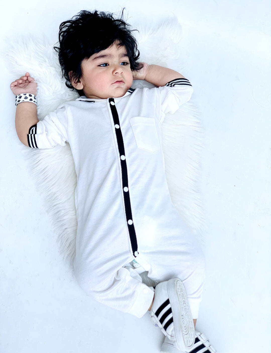 Plush-Polo Romper - White Stripes