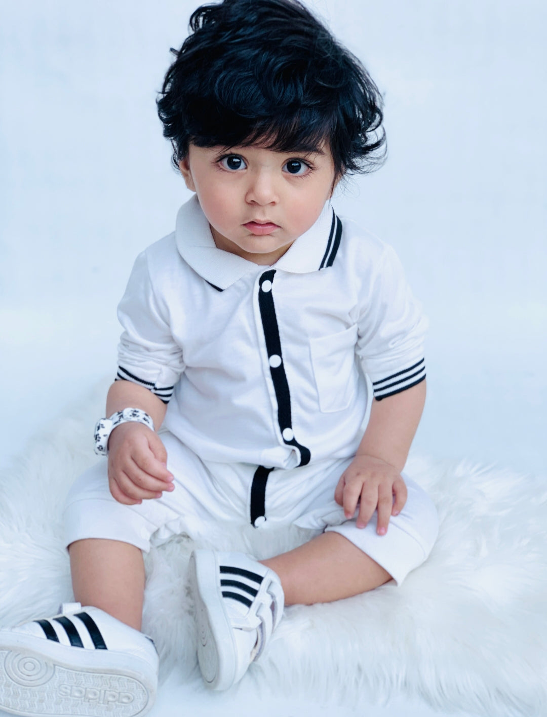 Plush-Polo Romper - White Stripes