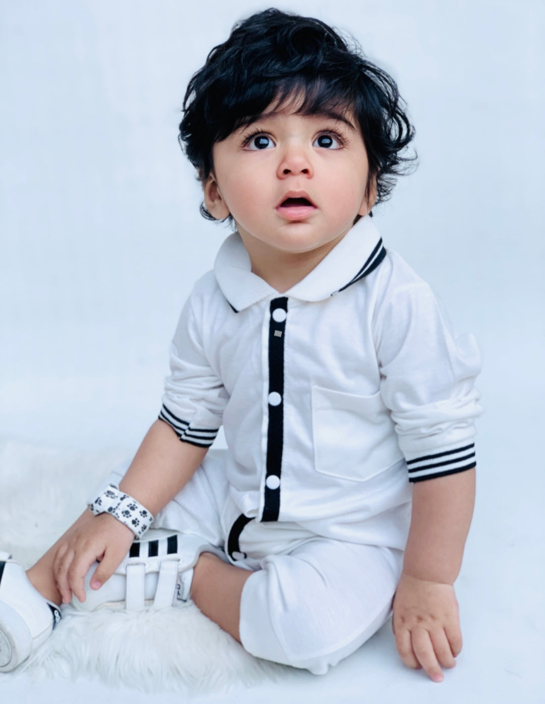 Plush-Polo Romper - White Stripes