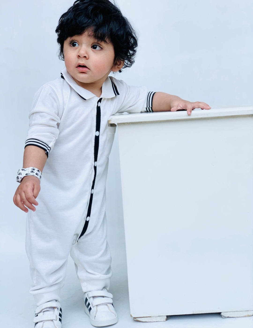 Plush-Polo Romper - White Stripes