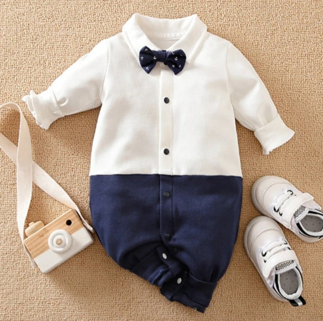 Plush-Polo Romper - White & Blue Contrast with Bowtie