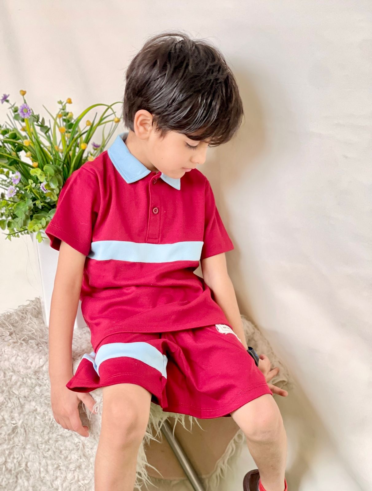 Plush-Baby Plaid Polo Shirt & Shorts-Red-Blue