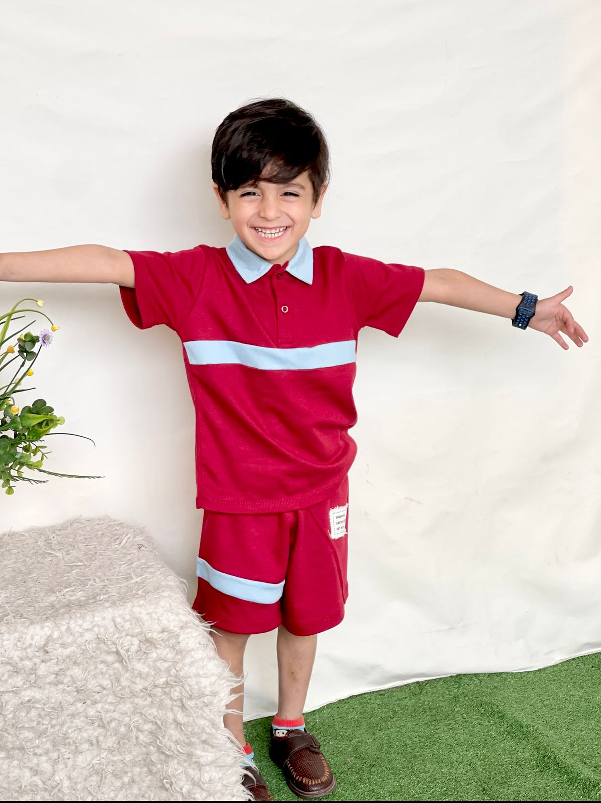 Plush-Baby Plaid Polo Shirt & Shorts-Red-Blue