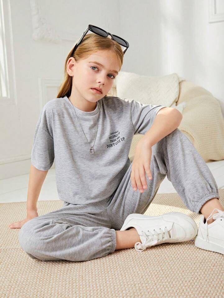 Girls Grey T-Shirt & Cuffed Trouser Set