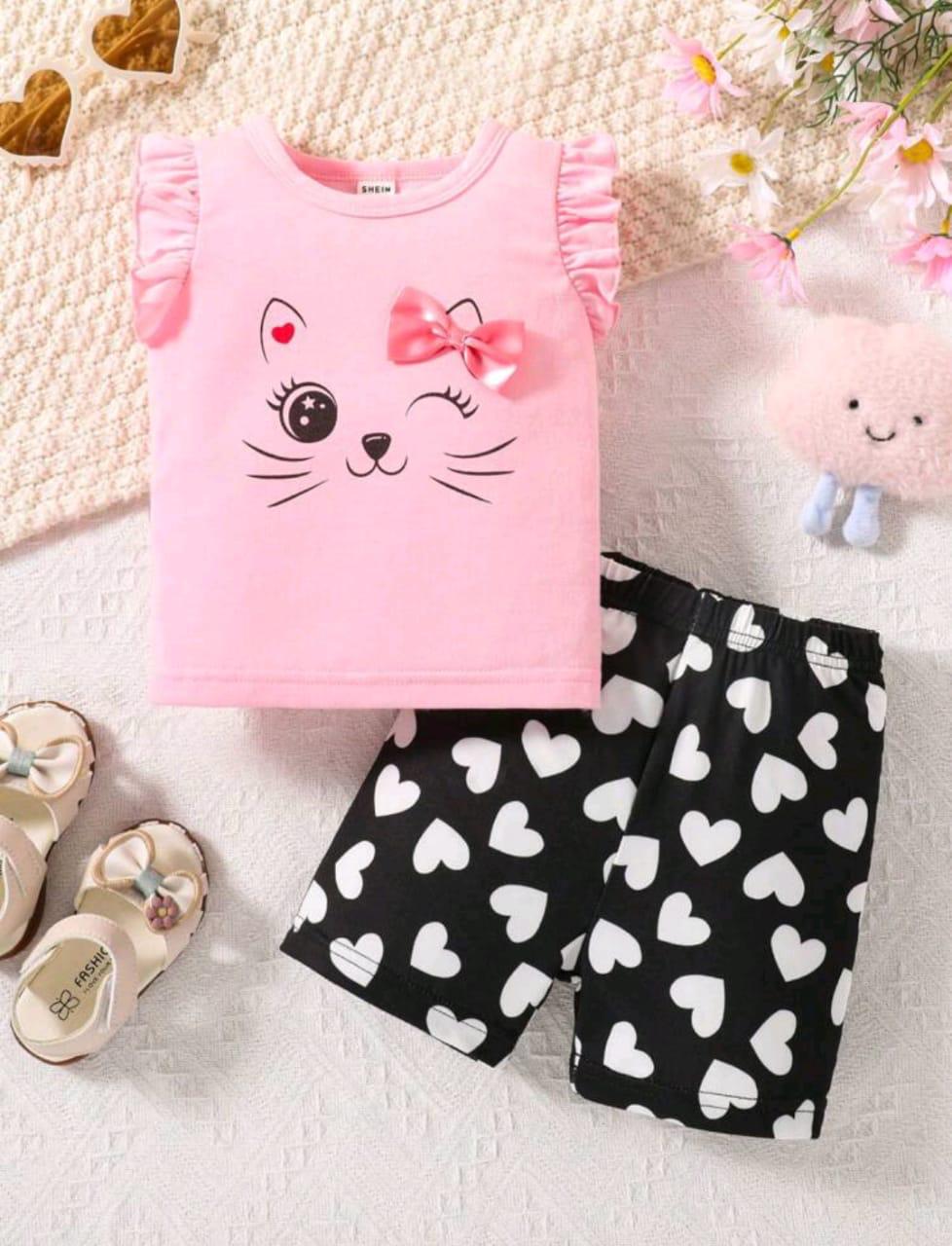 Plush-Nifty Basics - Cat Love in Light Pink Black Contrast with Shorts